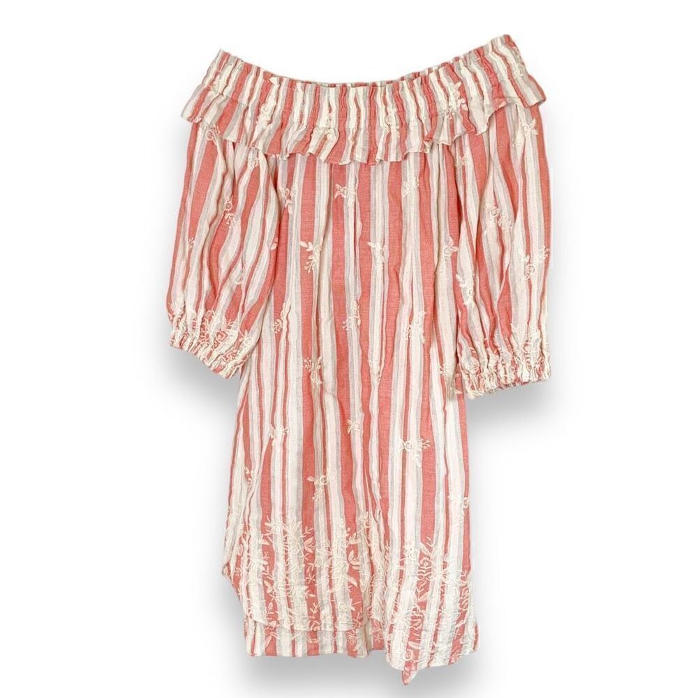 Misa Los Angeles Embroidered Mini Off Shoulder Dress Coral Red White Striped S